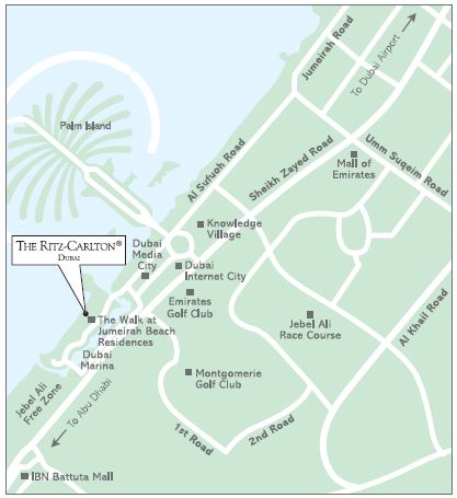 Расположение отеля The Ritz-Carlton Dubai на карте Дубая, ОАЭ.